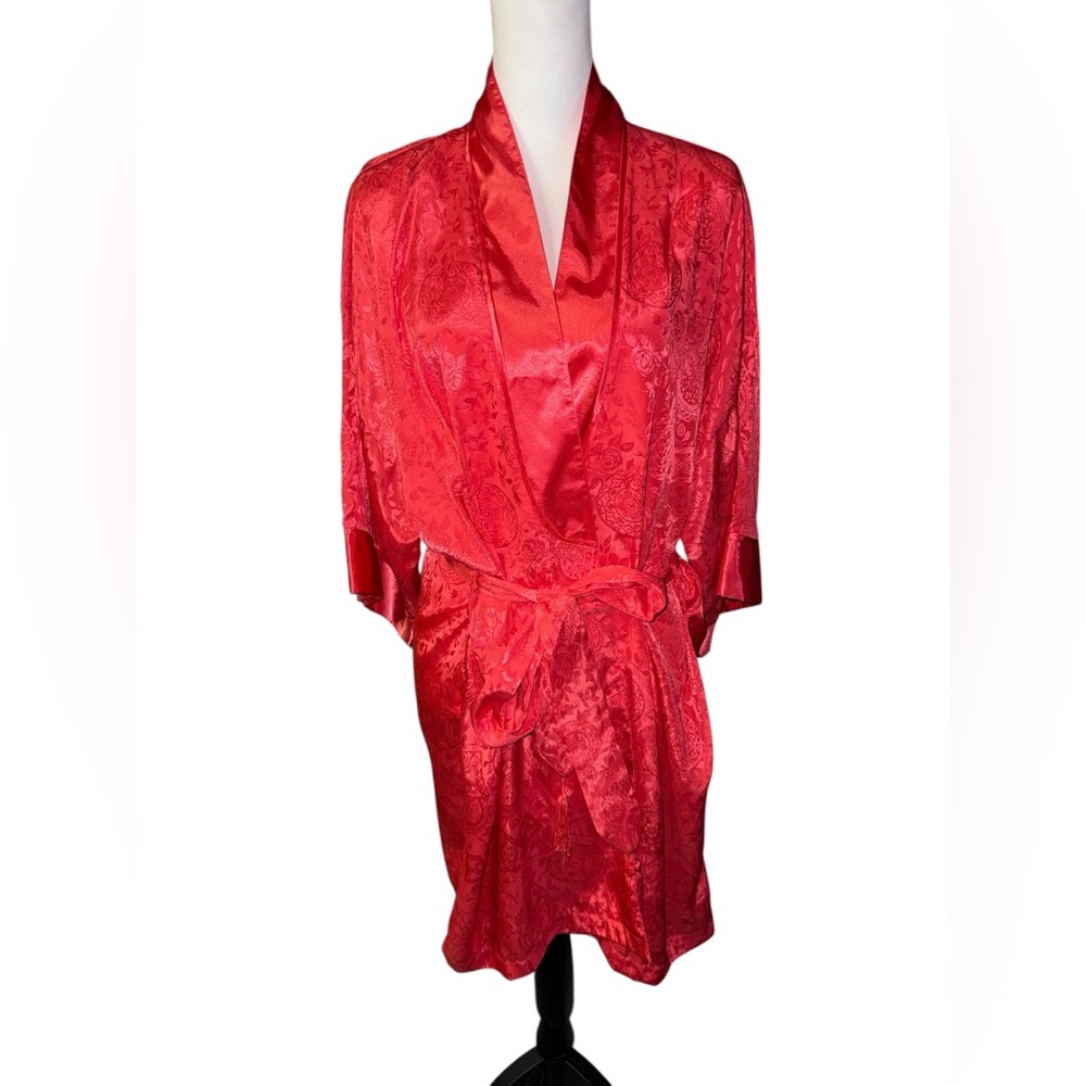Victoria’s Secret Vintage Gold Label Coral Red Satin Jacquard Robe One Size